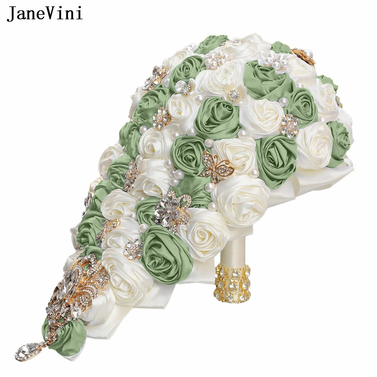 

JaneVini Bling Golden Rhinestones Waterfall Bridal Bouquets Artificial Sage Ivory Satin Roses Cascading Wedding Bouquet Flowers