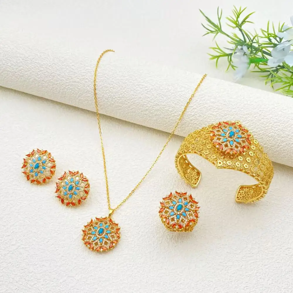 

Falair Women's Gold Plated Copper Jewelry Set with Zirconia Bracelet Ring Necklace Earrings for Saudi Arabia Accessories