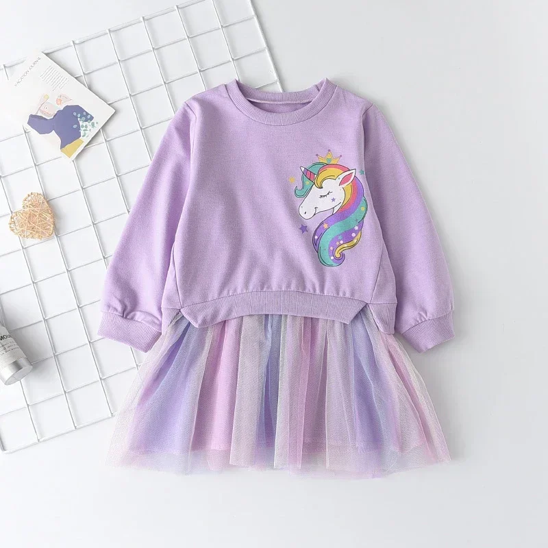Korean Version Cartoon Printed Mesh Spliced Girls' Dresses Spring and Autumn New Long Sleeved Fake Two-piece Princess Dress