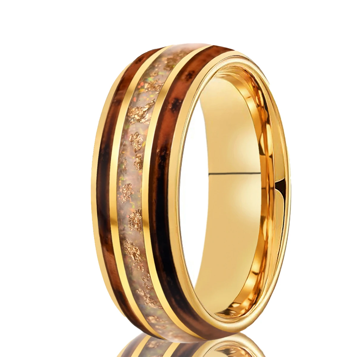 8mm Men's Tungsten Wedding Ring Charred Whiskey Barrel Wood White Opal Golden Bands Elegant Comfortable Jewelry Gifts