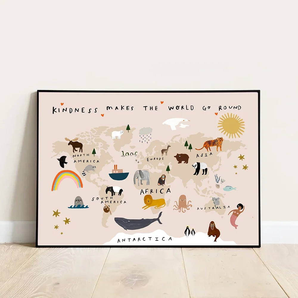 Cartoon Animals World Map Wall Poster for Kids Room Decoration Nursery Kindness Makes The World Go Round Quote Canvas Painting