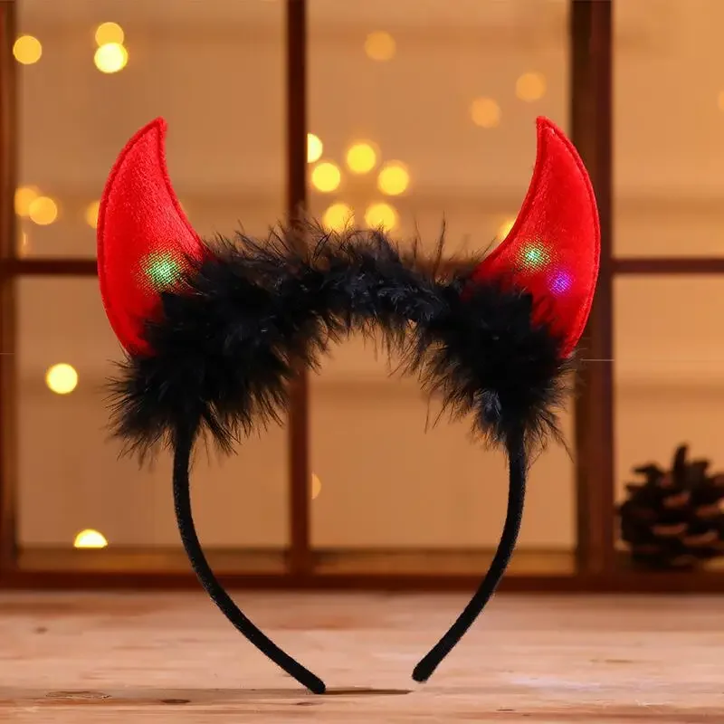 Kids Adult Light Up Devil Horns Headband Costume Accessory Black Feather Red Ear Glow Party Supplies Wedding Festival