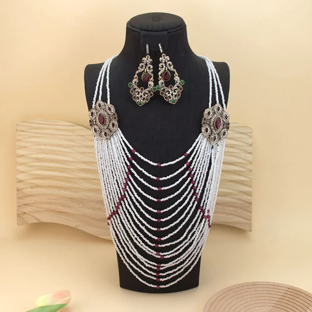 Chic Vintage Turkish Jewelry Women Bead Choker Necklace Multi-strip Chain Crystal Earring Flower Eardrop Bohemia Bridal Bojoux