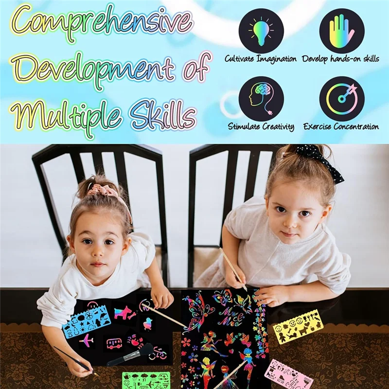 

Художественный набор из скретч-бумаги ABFS, 50 листов 8X11 дюймов, большая скретч-бумага с радужным покрытием, с деревянными стилусами и трафаретами