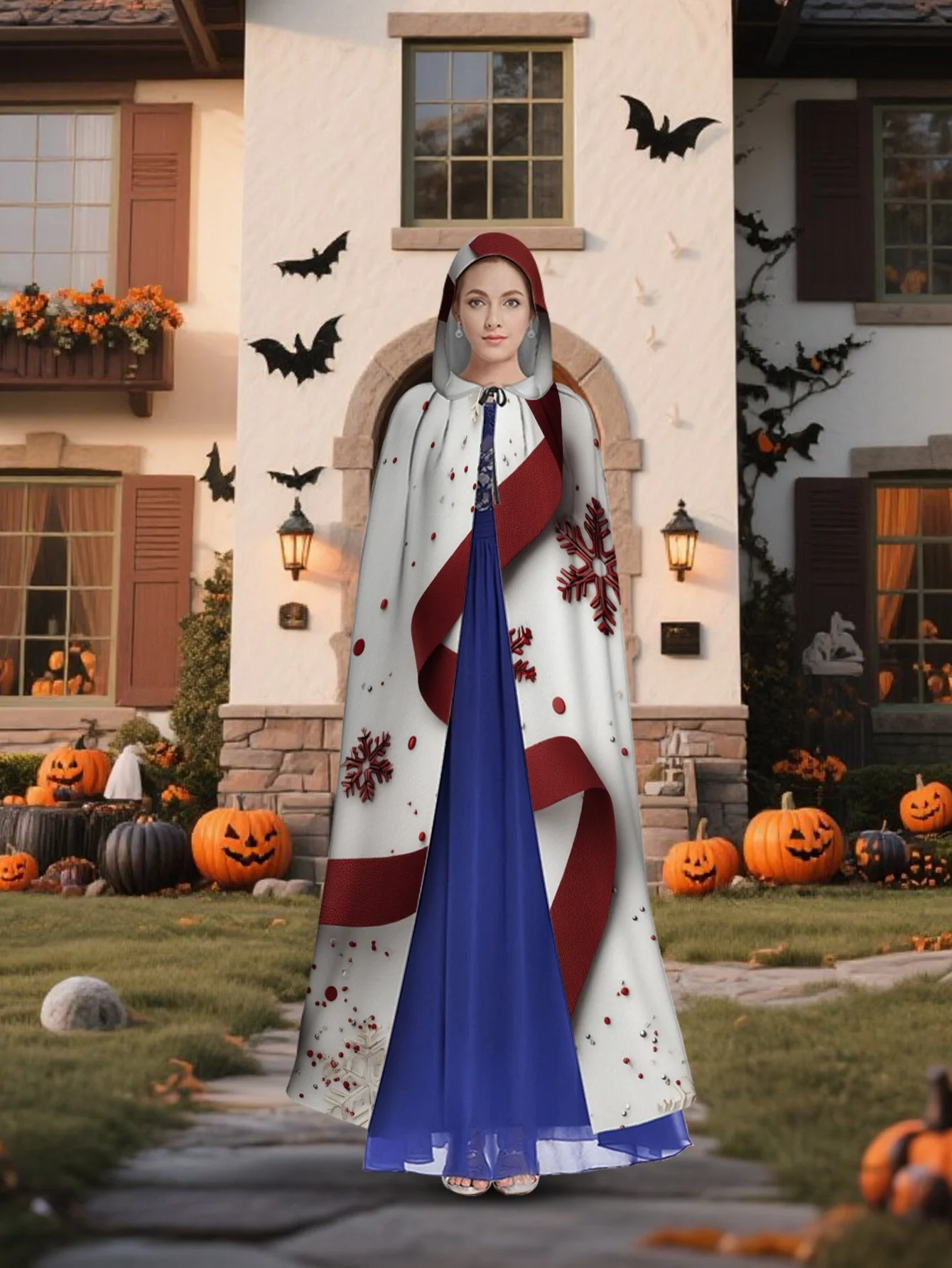 Customization 1pc LianyaoShi Selection 2D Flat Printing Merry Christmas Hooded Cape With Red Ribbon And Snowflakes Holiday