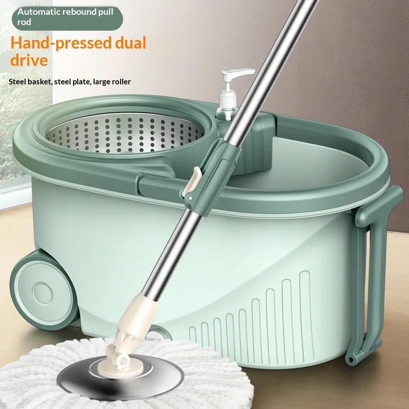（Steel basket+Steel plate+Large pole+2A Mop head）Hands-Free Mop, Rotating Household Mop, Dual-Use for Wet and Dry, universal Whe