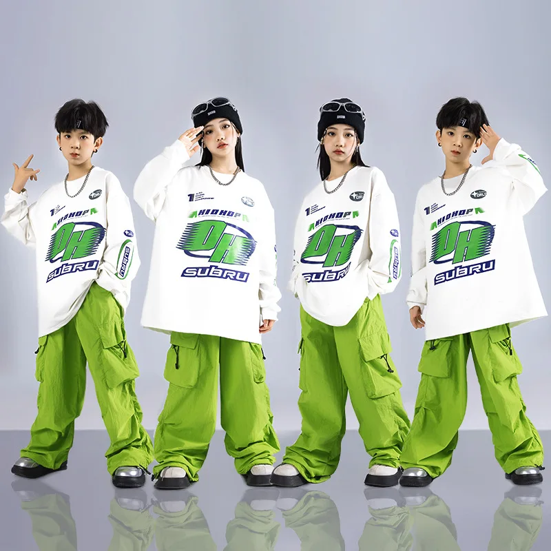 Kids Hip Hop Performance Costumes, Boys' Dance Performances, Student Sports, Loose Girls, White Long Sleeve Top, Green Trousers