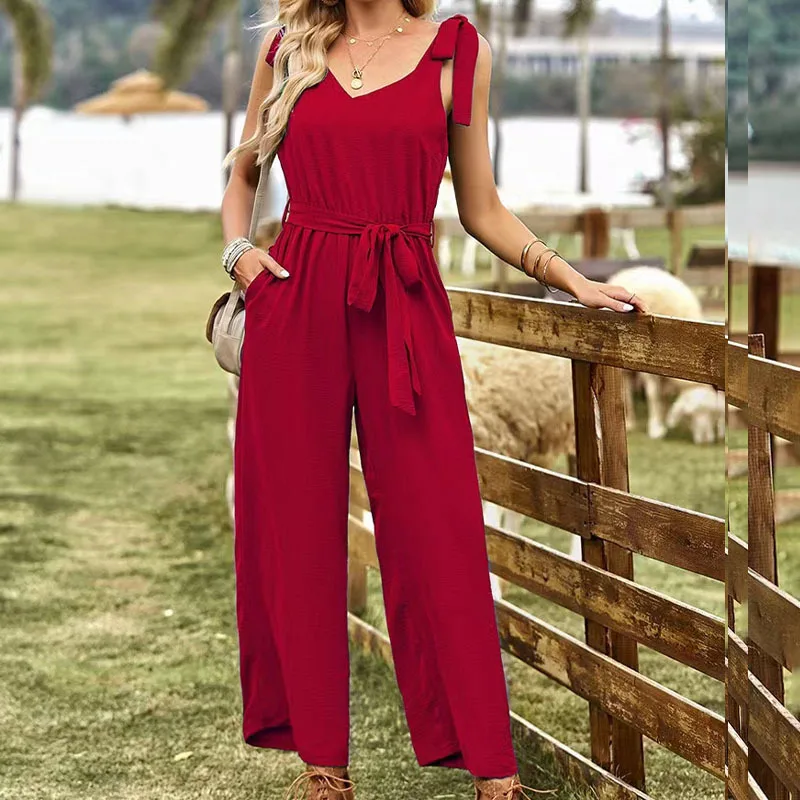 Cotton Linen Sleeveless Women Jumpsuit Summer Causal Solid V-Neck Drawstring Waist Straight Leg Jumpsuits