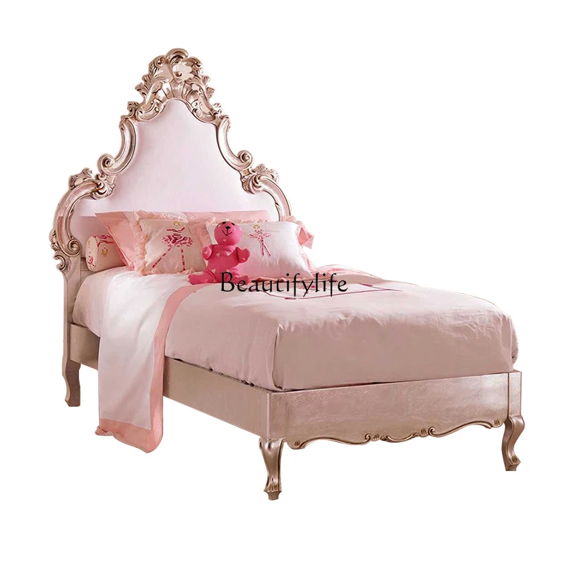 

European solid wood bed French solid wood carving flower pink small apartment 1.5 meters single bed