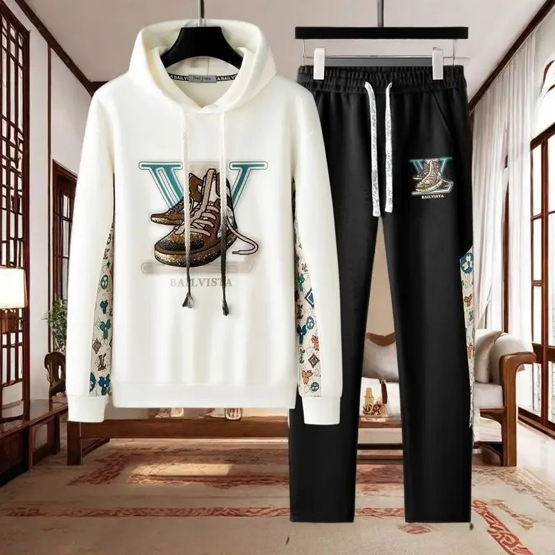 Fashion Mens Two Piece Sets Casual Letter Pattern Shoes Sequins Embroidery Full Sleeve Hooded Outfit Tracksuit Men Joggers Suits