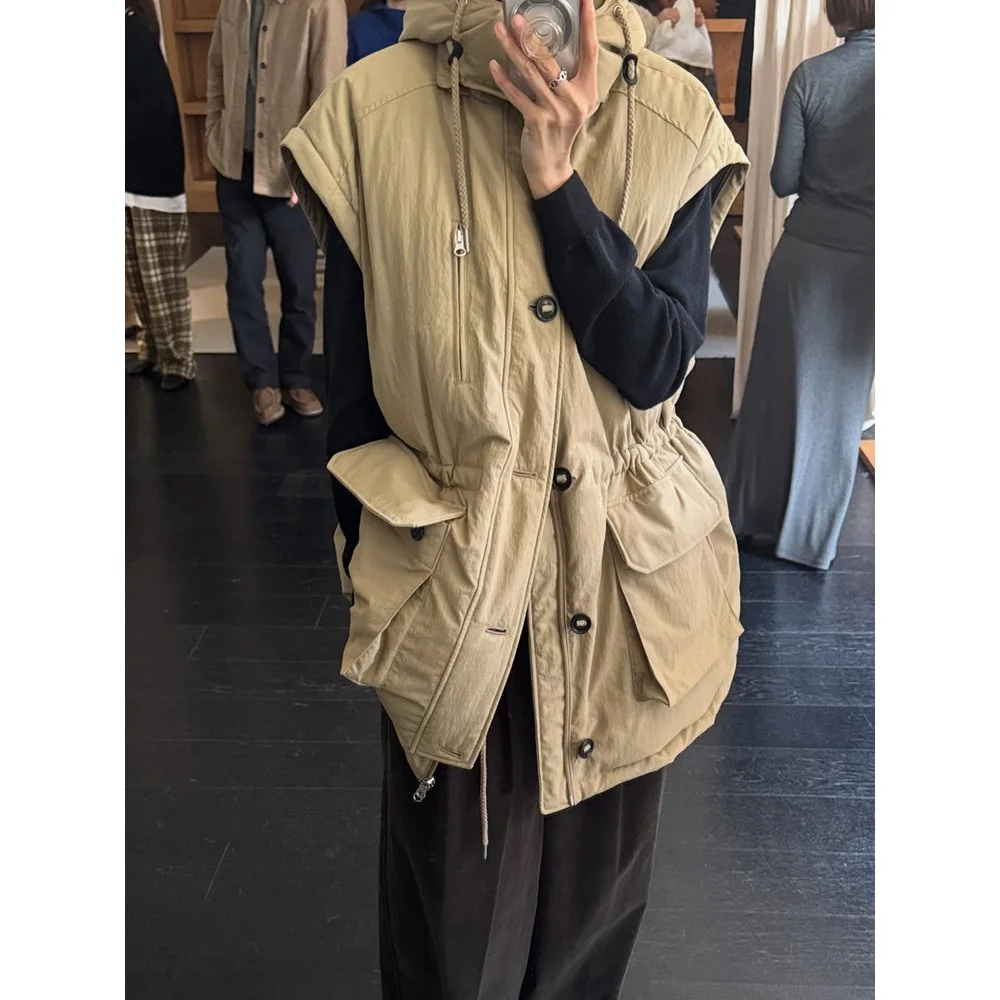 

Moodal Versatile Unisex down Jacket Coat Detachable Sleeve Hat Nylon Fabric Korean Style Warm Long Mid-Length