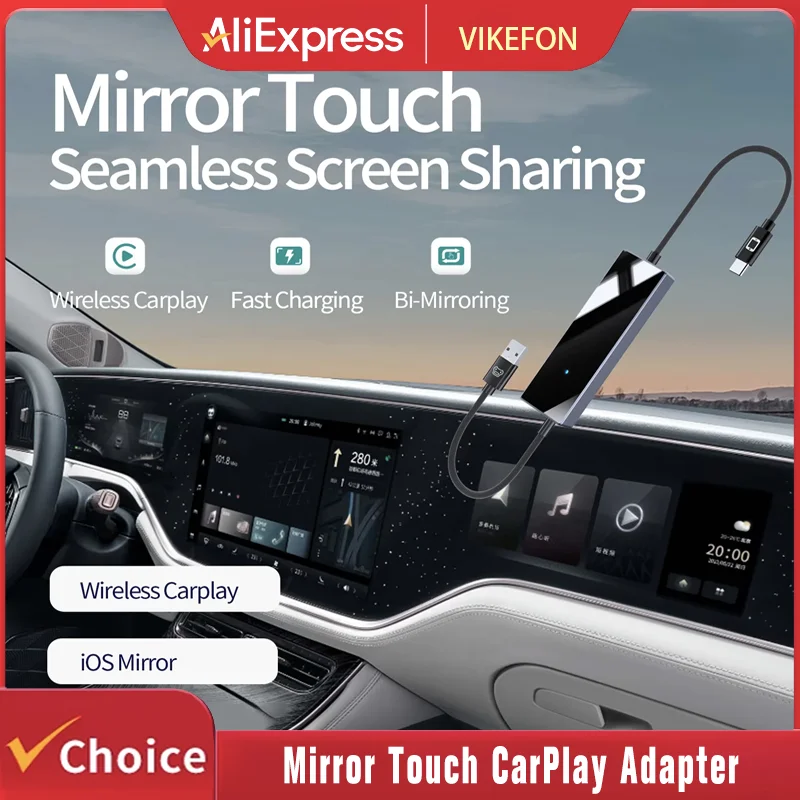 

Беспроводной адаптер Mirror Touch CarPlay с функцией двустороннего зеркалирования экрана и двунаправленного управления для iPhone 15, 16 и телефонов Android