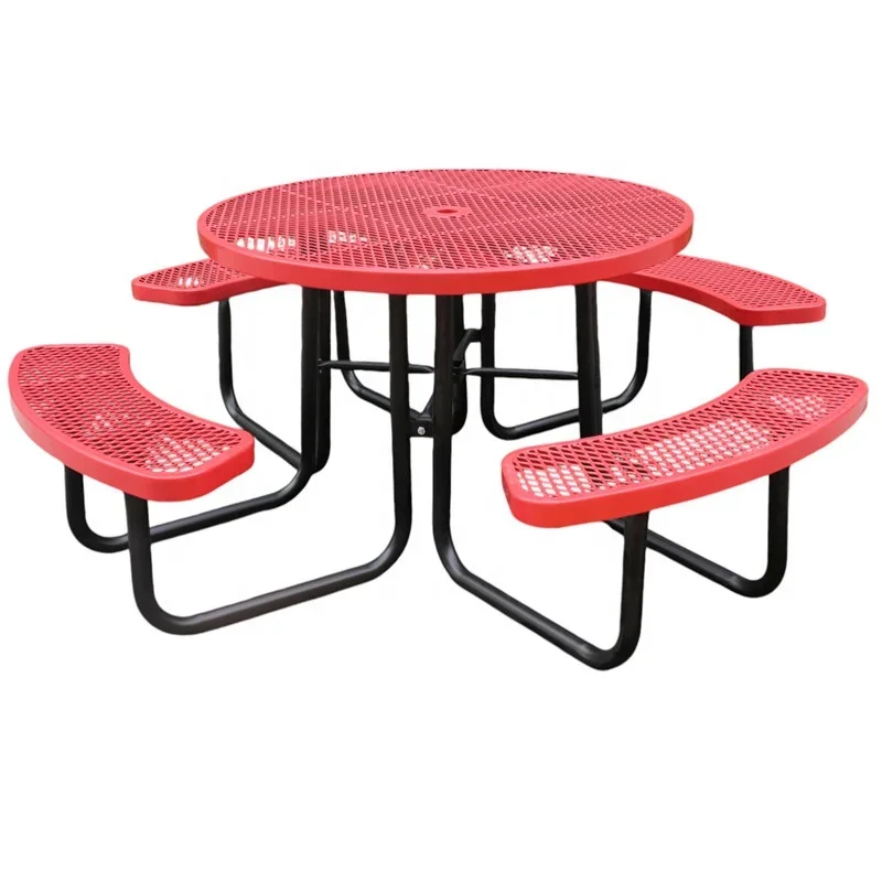 outdoor park modern circular perforated steel picnic camping table patio large expanded metal round dining table and chair