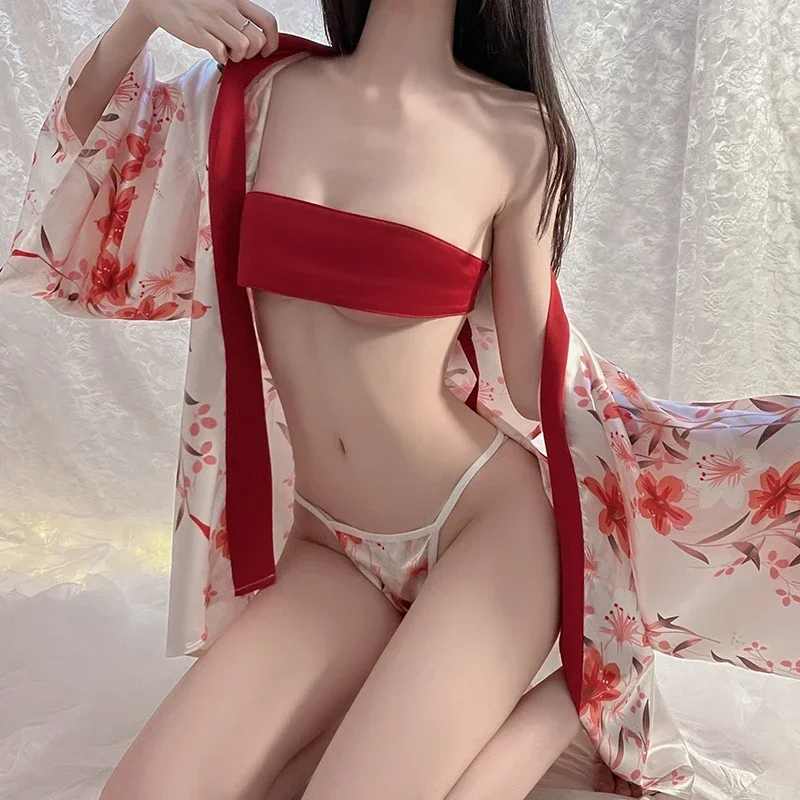 Sexy Kimono Erotic Lingerie for Women Printing Ultra Short Cardigan Kimono Dual Purpose Belt Thongs Suit Japanese Korean Uniform