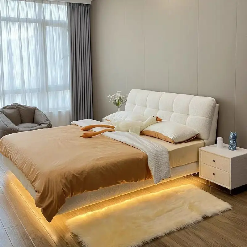 Cream wind cloud puff bed master bedroom technology fabric bed modern simple double princess bed