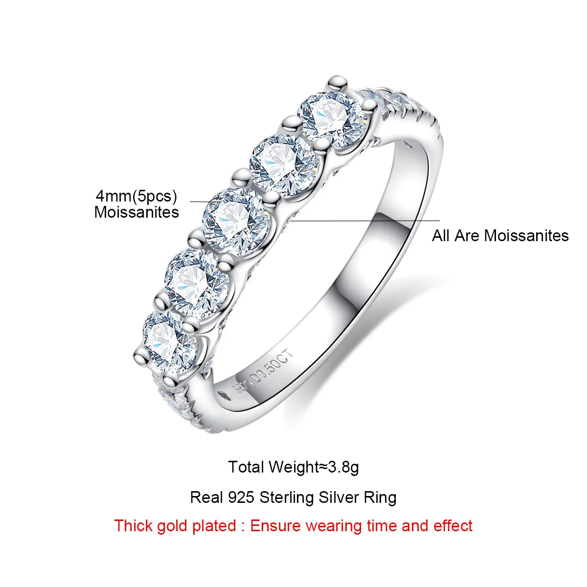 AnuJewel 4mm D Color Moissanite Wedding Band Ring 925 Sterling Silver 18K Gold Plated Promise Band Rings Jewelry Gifts