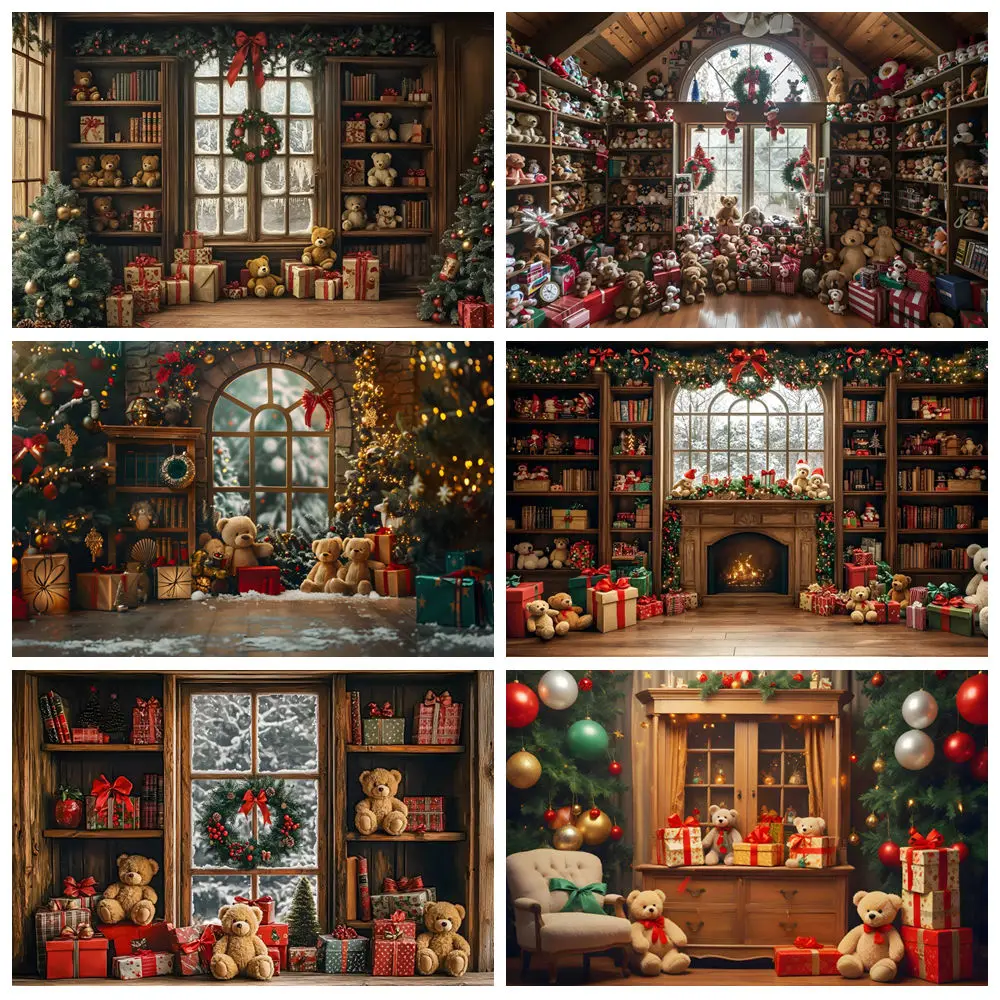 

Christmas Toy Bear Gift Room Photography Backdrops Fireplace Christmas Tree Bell Wreath Wooden Bookshelf Background Photo Studio