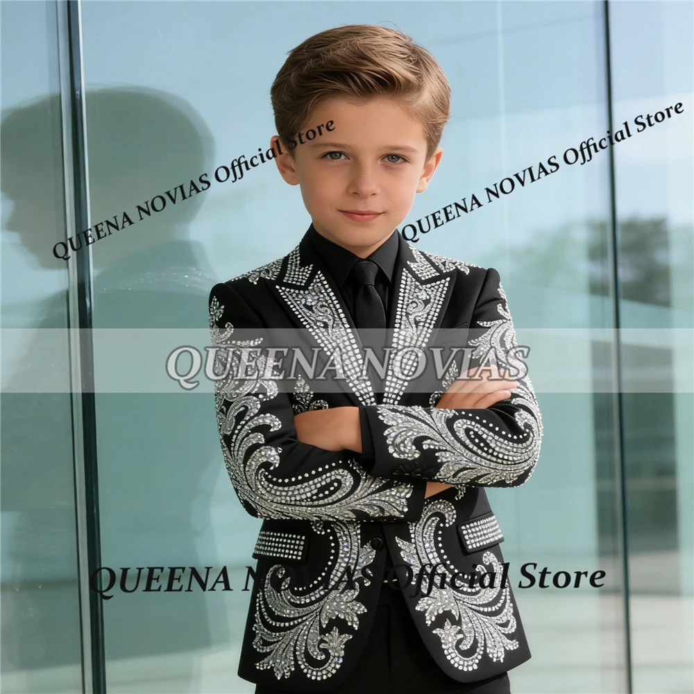Boy's Suits Brilliant Beaded Single Breasted Jacket Pants 2 Piece Sets Customized Children Wedding Tuxedos Kids Banquet Outfit