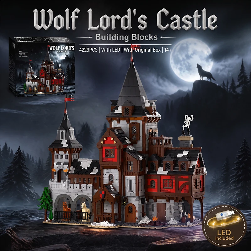Medieval Wolf Lord's Castle with LED Modular Buildings Blocks City Street View Architecture Brick Model Kit Adults Gift 4229PCS