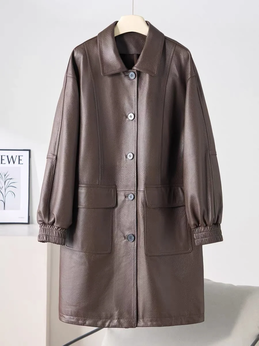 한국 스타일 루즈핏 최고급 양가죽 정장 재킷 여성용 롱 오버사이즈 뉴트럴 싱글 브레스티드 블랙 재킷