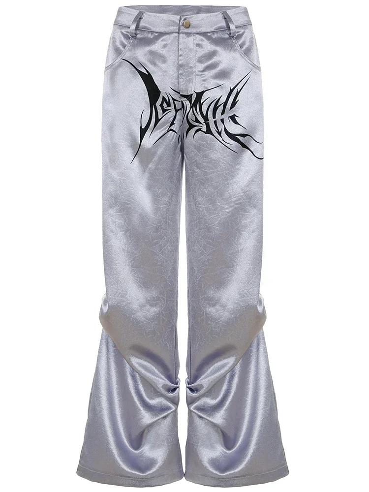 シックカジュアルサテンボタンルーズパンツファッション韓国原宿レディースパンツヴィンテージプリントY2Kグランジストリートウェア