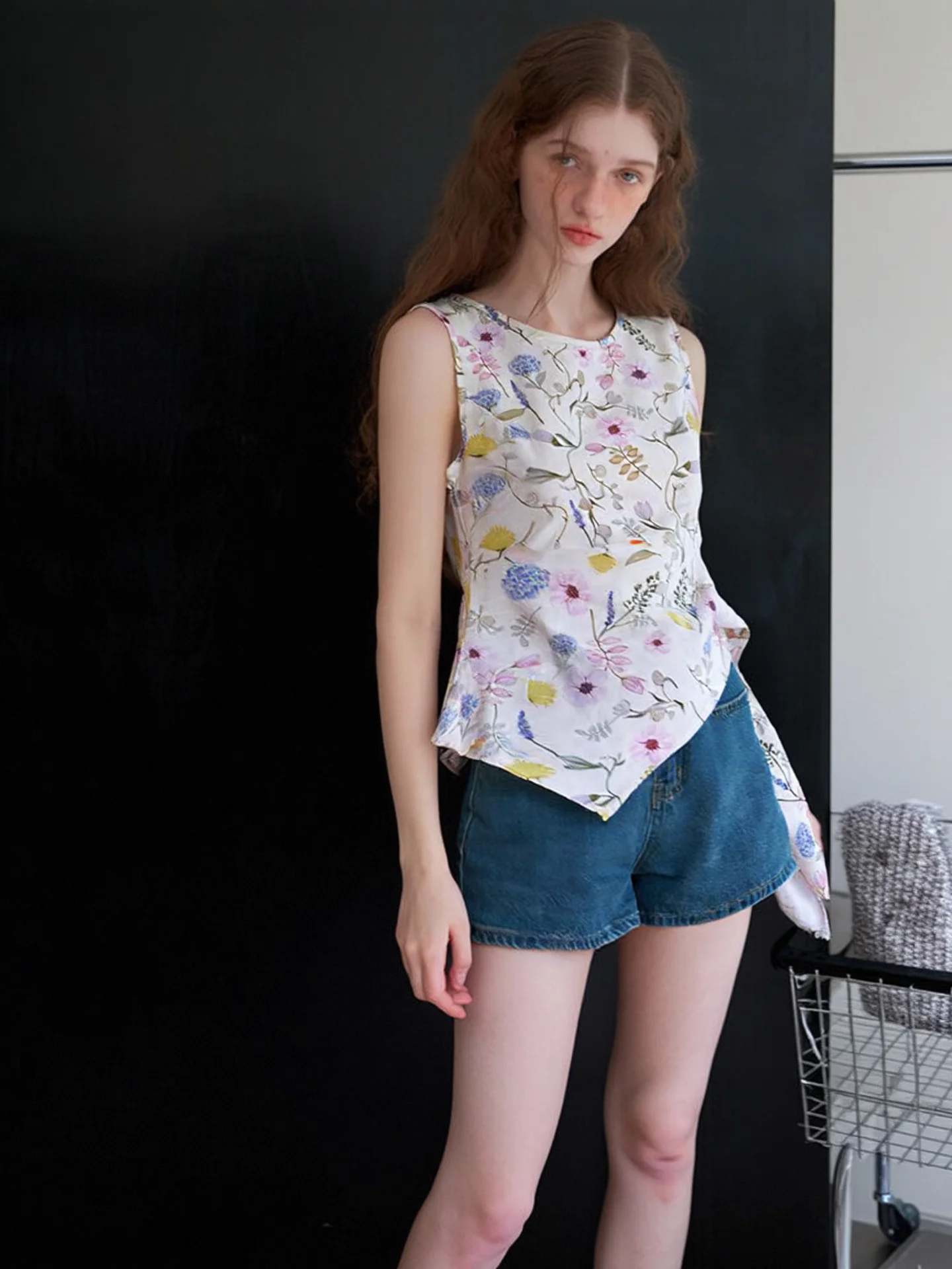 HUAAPPUW Women's Asymmetric Design Hand-Painted Print Vest Top Casual Cotton Summer Fashion Personalized Style round Neck