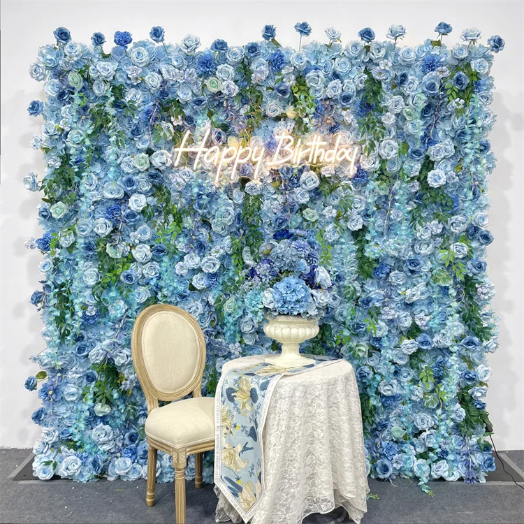 

Uflower Blue Green Rose hydrangea 5D Flower Wall Wedding Backdrop Fabric Hanging Curtain Floral Arrangement Party Event Props