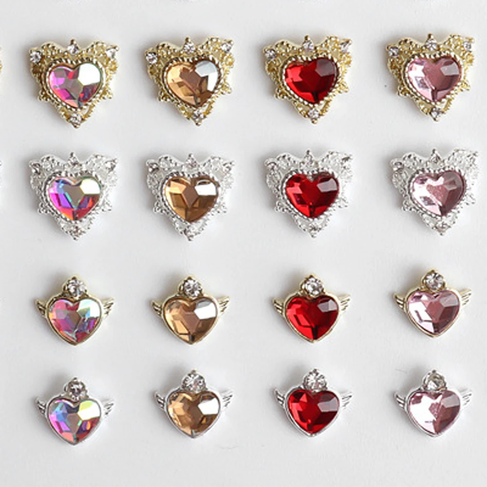 10pcs Luxury Crystal Cross Heart Nail Rhinestone Gem Gold Silver Metal Alloy Plated Diamond Charms for DIY Nail Supplies Jewelry