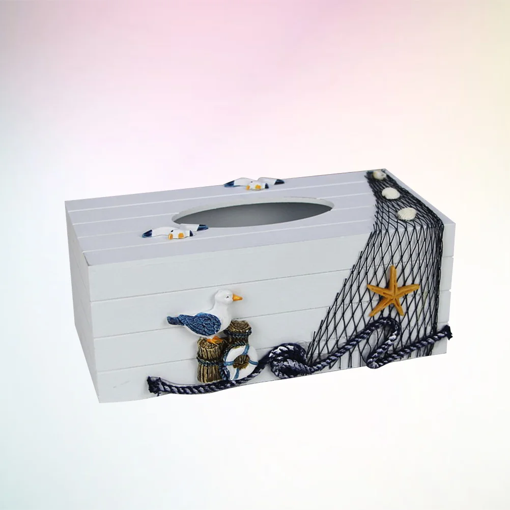 

1Pcs Wooden Tissue Box Holder Storage Organizer Modern Home Office Car Decoration Seabird Pattern Mediterranean Tissue Box