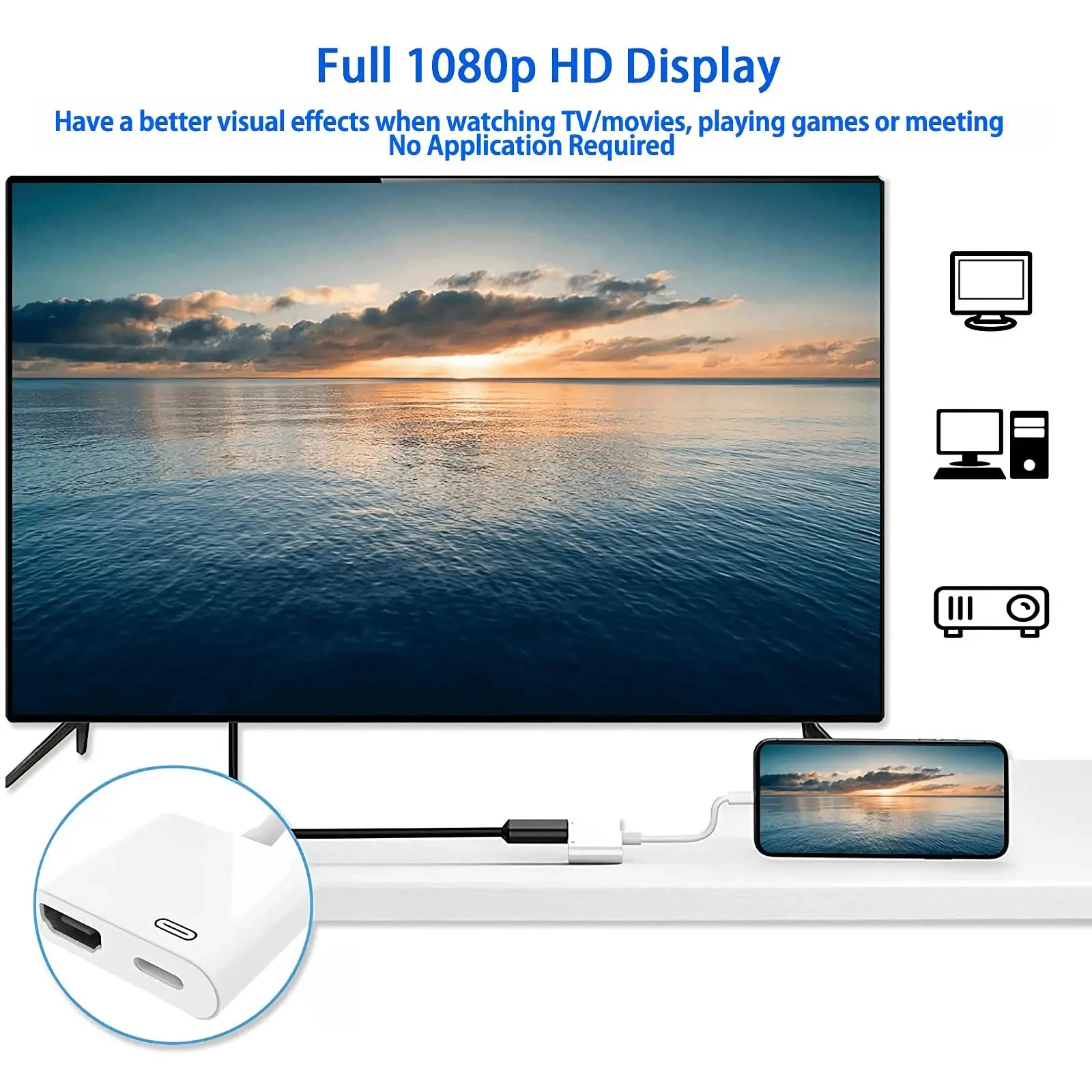 HD 1080P อะแดปเตอร์สายเคเบิลที่เข้ากันได้กับโทรศัพท์ HDMI สำหรับ iPhone TO TV ตัวแปลงวิดีโอ HD เชื่อมต่อหน้าจอซิงค์เสียงสำหรับ iPhone iPod