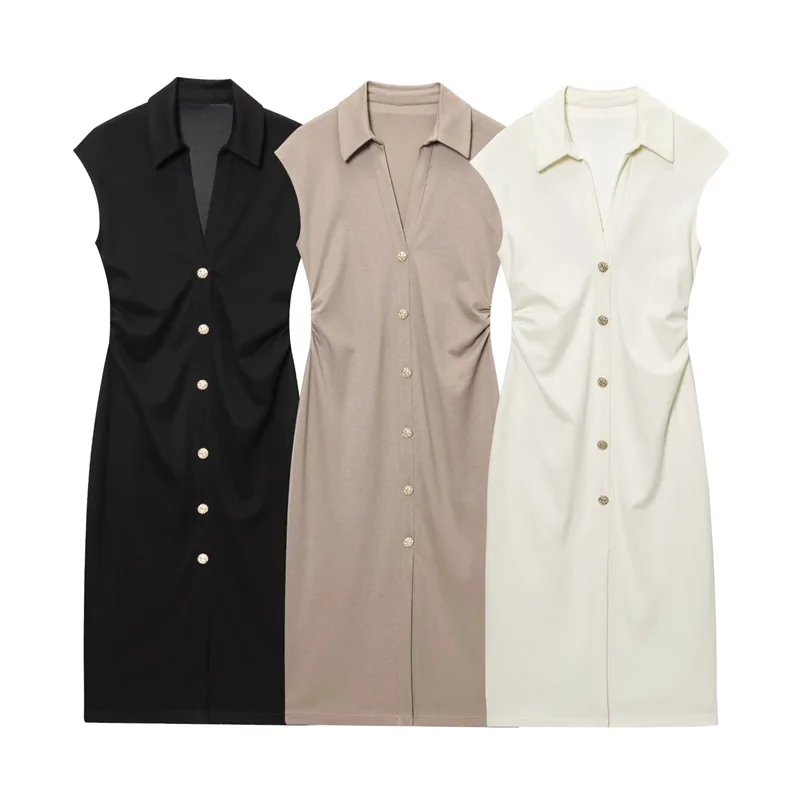 2025 new summer women's fashion slim-fit versatile shirt-style short-sleeved v-neck dress with gold button decoration