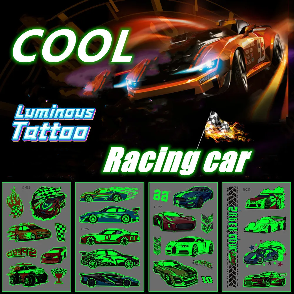 Luminous Tattoo Stickers for Kids Cool Racing Motorcycle  Waterproof Boy Tattoo Fun Glowing In The Night Party Face Arm Body Art