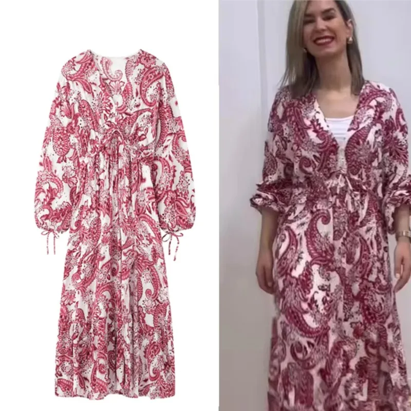 

Embroidery Hollow Long Dress For Women 2025 New Summer Elegant Vintage V-neck Lace-up Loose Dresses Vacation Party Evening Dress