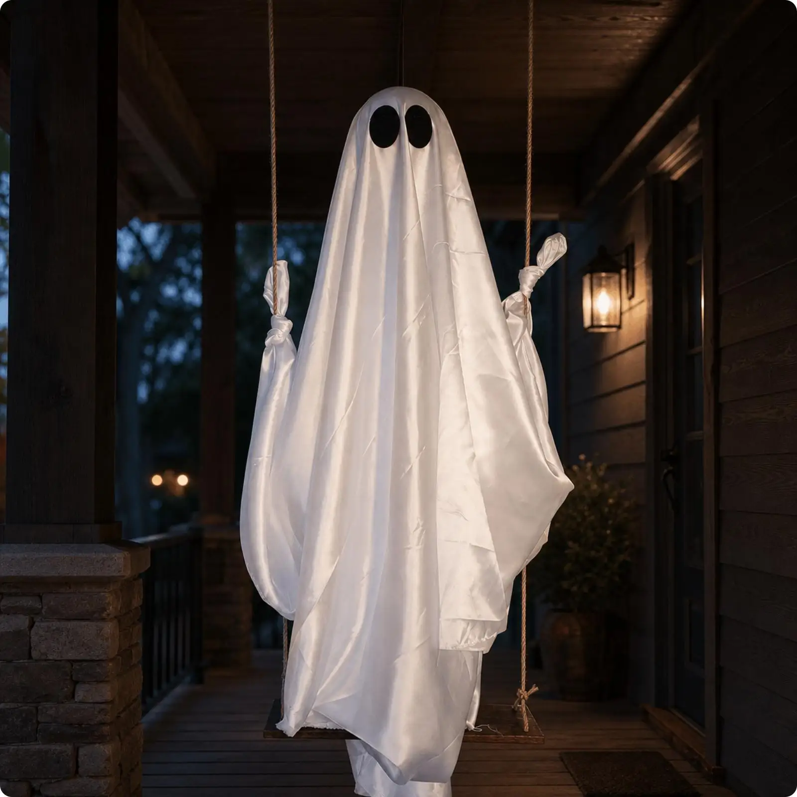 屋外用ハロウィーン装飾、シルク生地の幽霊の振り子オーナメント、玄関先に吊るして飾る幽霊のアート