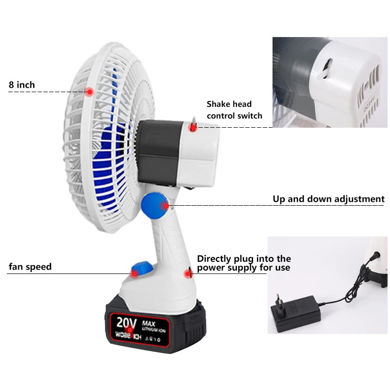 Imagem -06 - Metal Portátil Camping Fan Wireless ao ar Livre Pesca Desktop Vento Forte Fit Makita 18v Bateria 8
