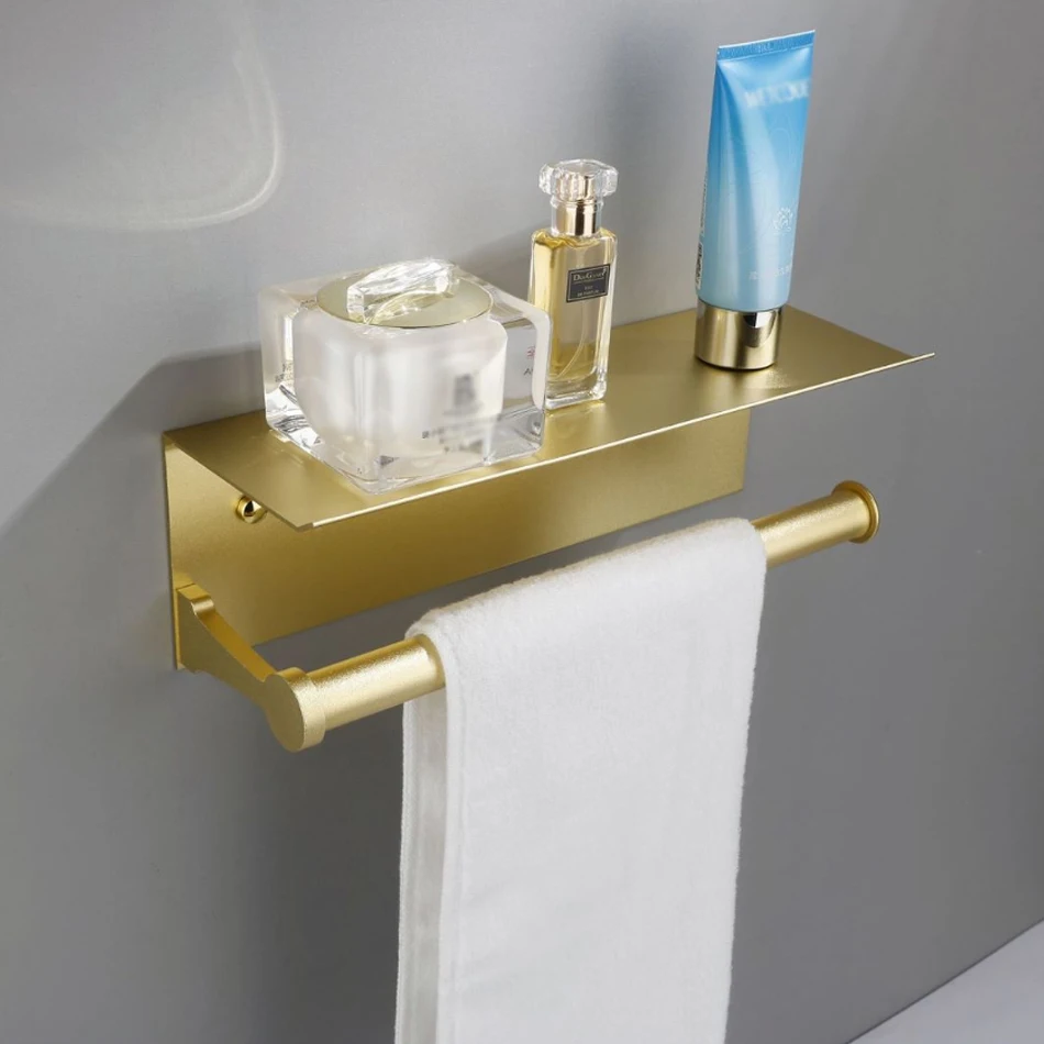 

Matte Gold Paper Holder with Shelf Aluminum Adhesive Bathroom Kithcen WC Paper Towel Roll Rack with Phone Shelves Tissue Hanger