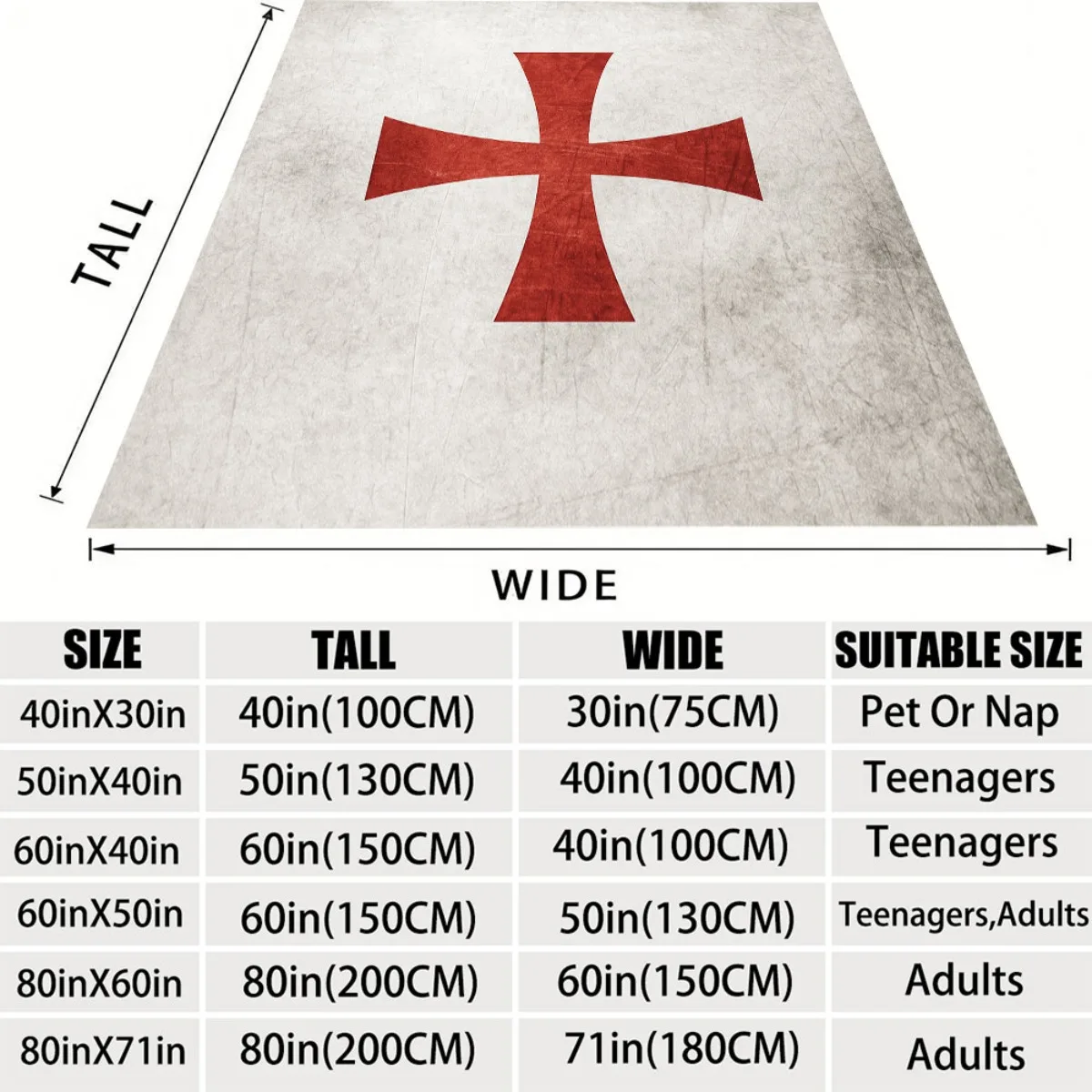 Temple Knights Cross Flannel Blanket Wine Red and White Medieval Style Design, Soft and Durable AntiWrinkle AllSeason Use, Dormi