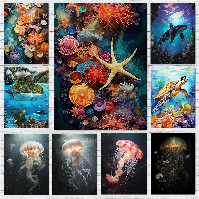 Marine Creatures Sea Turtles Jellyfish Starfish Dolphins Sharks Poster Print Wall Art Pictures Canvas Painting Room Home Decor