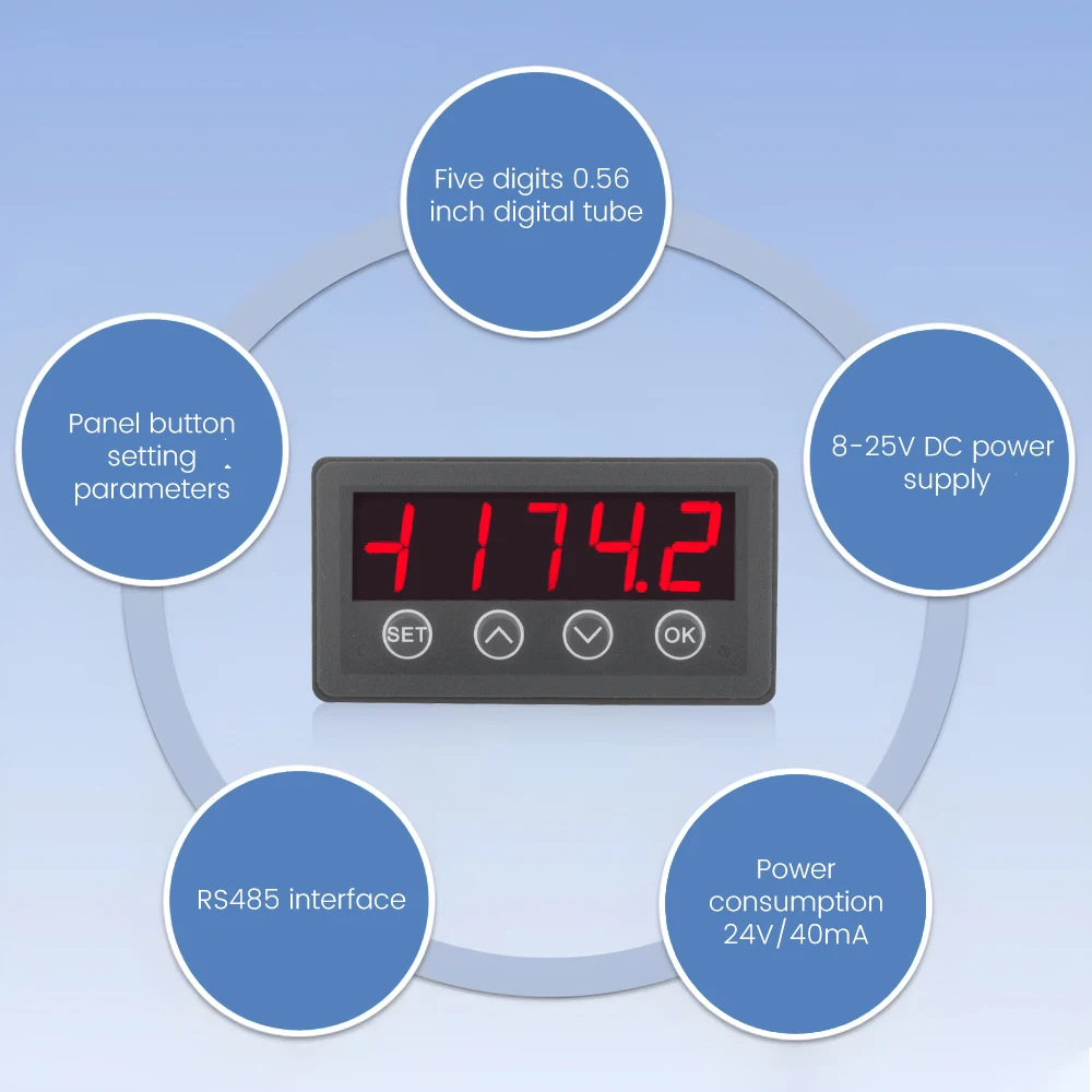 MODBUS-RTU Communication Display Meter RS485 Interface Master-Slave-Monitorable DC 8-25V Highly Accurate Digital Display