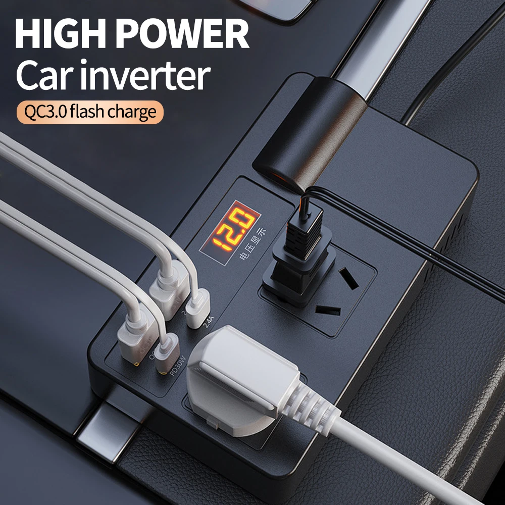 Car Inverter Power Adapter 200W DC 12V/24V to AC 220V Converter QC 3.0 USB/PD/Type-C Chargers Voltage Detection ON/OFF Switch