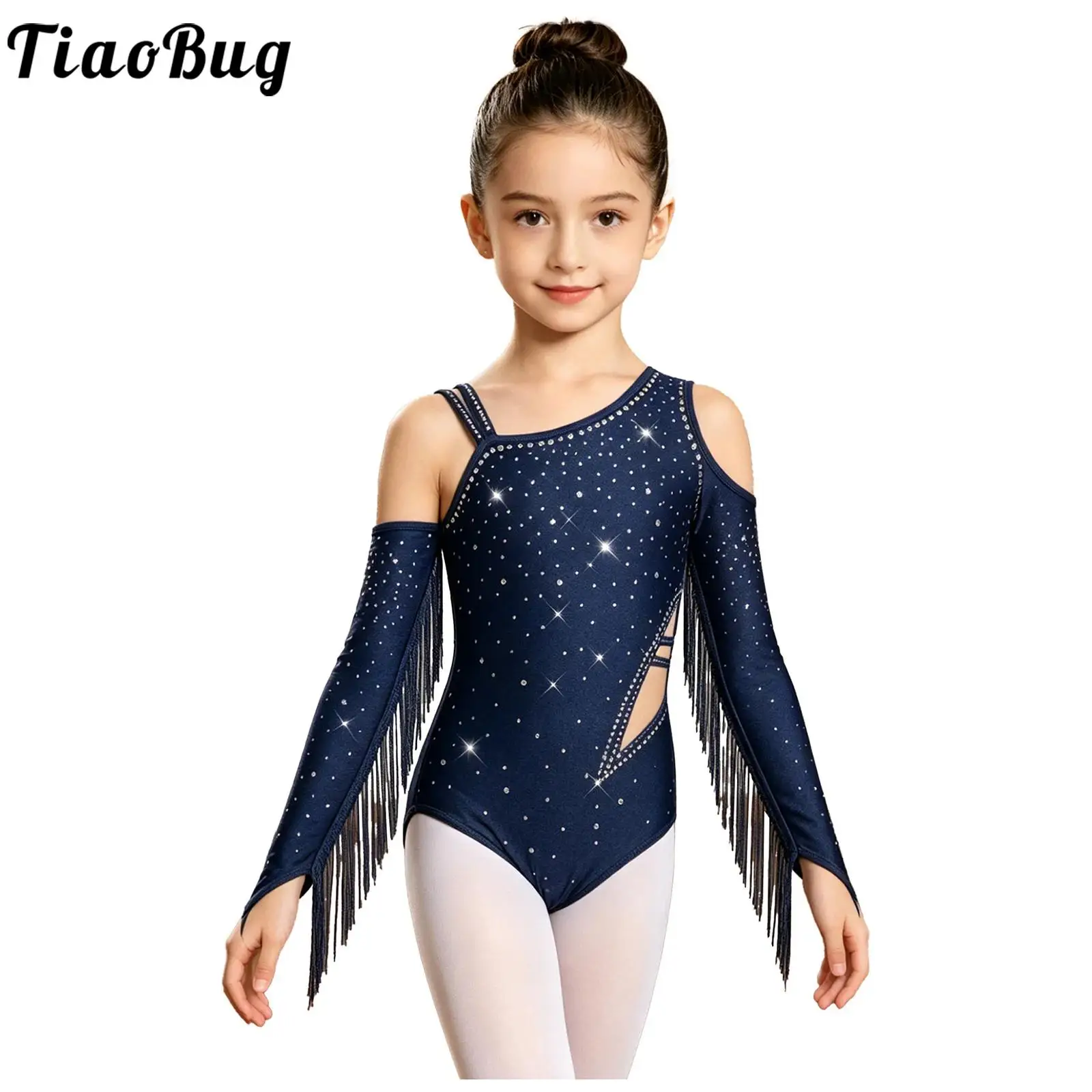 Kids Girls Latin Jazz Tango Dance Bodysuit Tassels Long Sleeve Shiny Rhinestone Ballet Leotard Figure Skating Gymnastics Costume