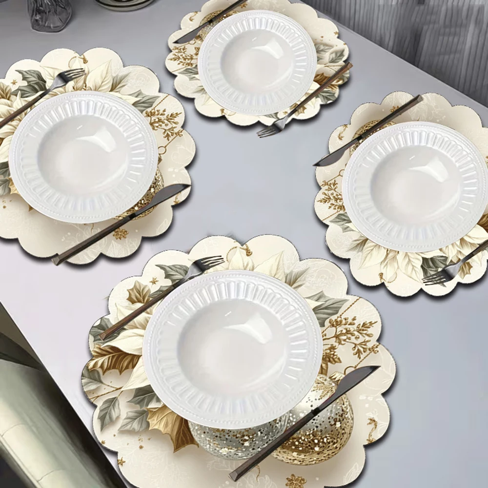 White Poinsettia Christmas Placemats Silver Gold Glitter Bauble Holly Table Mats Elegant Winter Holiday Dinner Table Decoration