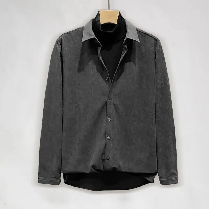 

Autumn Winter Large Size 300 Pou Corduroy Collar Knitted irt Men's Fake Two-Piece Turn-down Collar Jaet Top