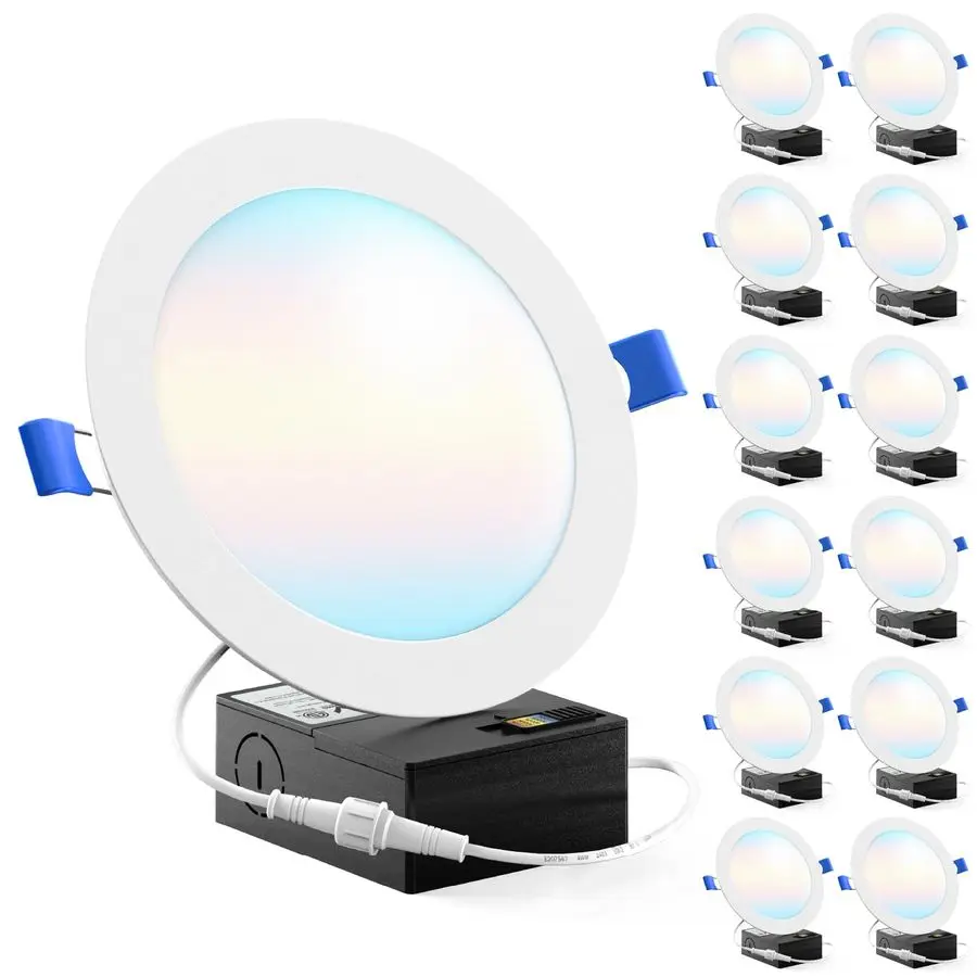 

Набор из 12 ультратонких светодиодных встраиваемых потолочных светильников 5CCT, 6 дюймов, 1500 лм, высокая яркость, с возможностью выбора цветовой температуры 2700K, 3000K, 3500K, 4000K, 5000K