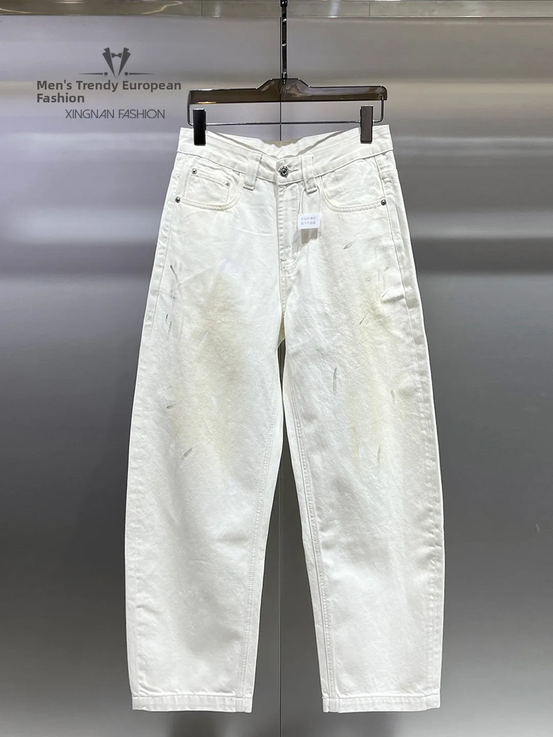 

Fashionable White Men's Curved Knife Jeans Washed Loose Straight Casual Pants Spring Summer Casual Wear Comfortable Breathable