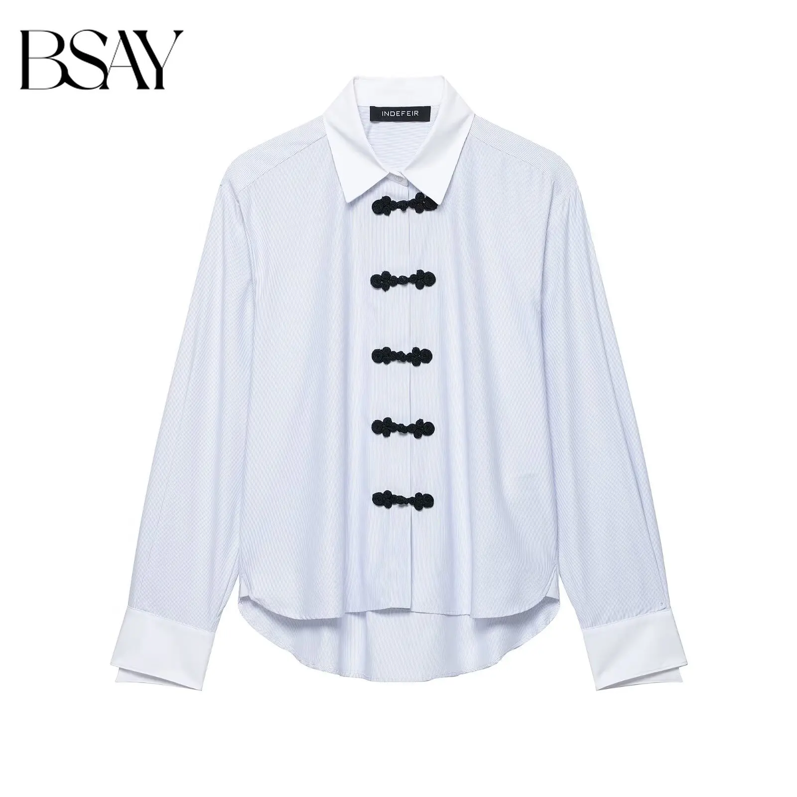 BSAY Women New Striped Lapel Long Sleeve Blouse Contrast Chinese Frog Knot Buttons Curved Hem Elegant Daily Commuter Office Top