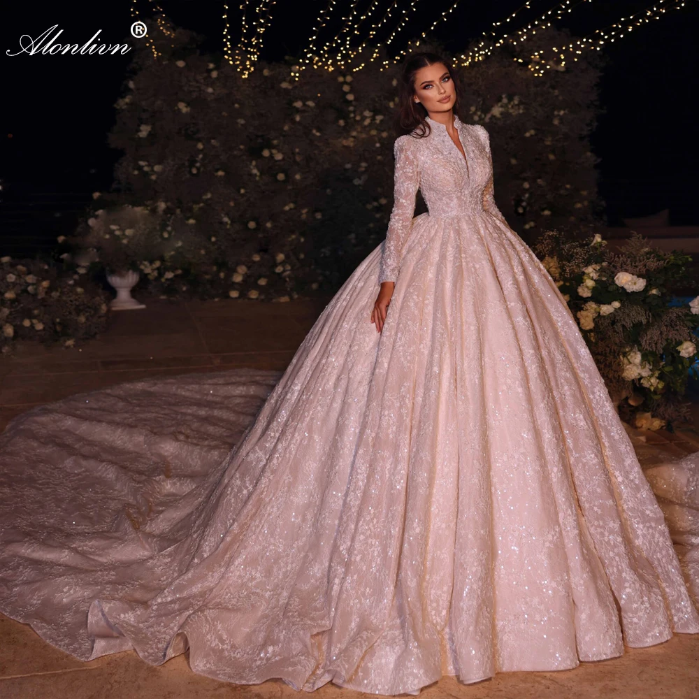 

Alonlivn Gorgeous Beading Pearls Embroidery Appliques Lace Full Sleeves V-Neck Ball Gown Wedding Dresses 2 Meters Train