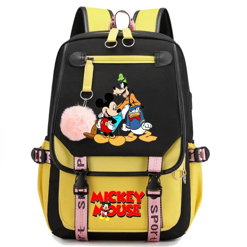 Disney Mickey Mouse Mochila Laptop, USB Recarregável, Saco De Estudante Do Ensino Médio, Meninas Estudante