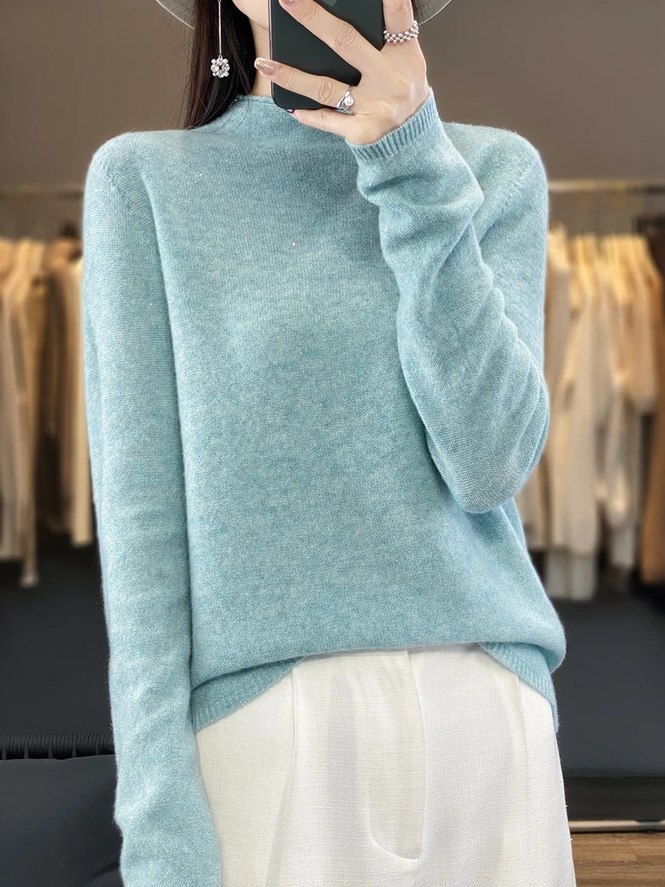 Addonee New Chic Women Sweater Autumn Winter Mock Neck Pullover 1000% Merino Wool Soft Cashmere Knitwear Grace Female Clothing