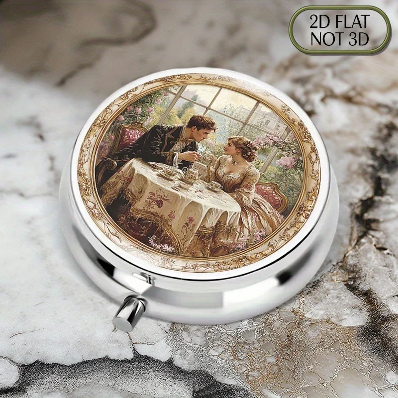 A flat, portable, round metal pill box, decorated with regency era couple tea party floral patterns, suitable for organizing and storing medicines, vitamins, and small accessories. It is the perfect gift for loved ones during Father's Day and the summer holidays, flat design
